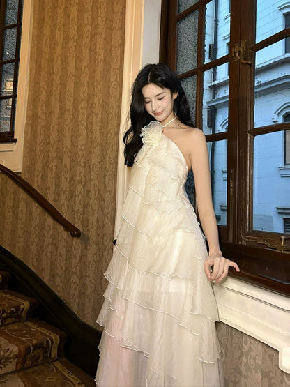 Sexy A Line Halter Neckline Chiffon Ruffles Evening Dress Prom Dresses SD2843