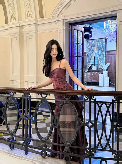 Retro Mermaid Spaghetti Straps Long Length Grape Evening Dress Prom Dresses SD2848