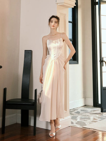 Pretty A line Spaghetti Straps Pink Ankle Length Evening Dress Prom Dresses SD2850