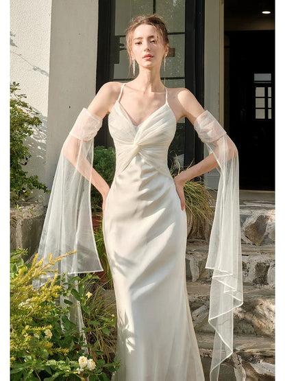 Pretty Mermaid Spaghetti Straps White Ankle Length Evening Dress Prom Dresses SD2853