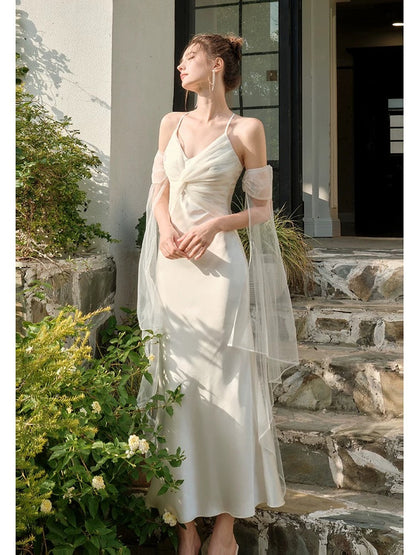 Pretty Mermaid Spaghetti Straps White Ankle Length Evening Dress Prom Dresses SD2853