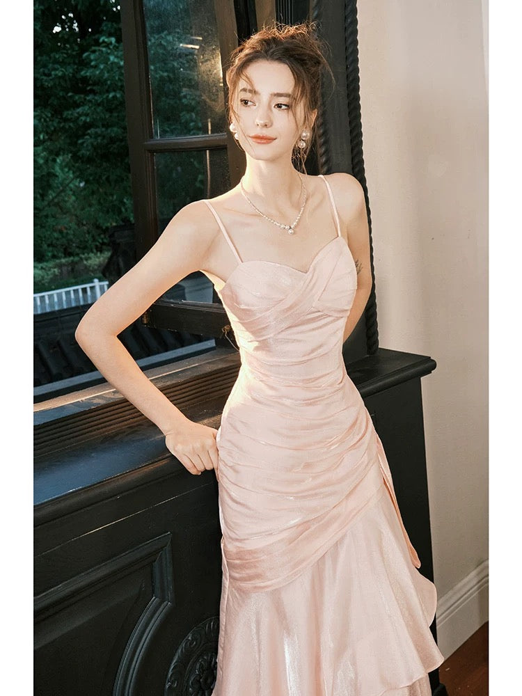 Retro Mermaid Spaghetti Straps Long Length Blush Pink Evening Dress Prom Dresses SD2854