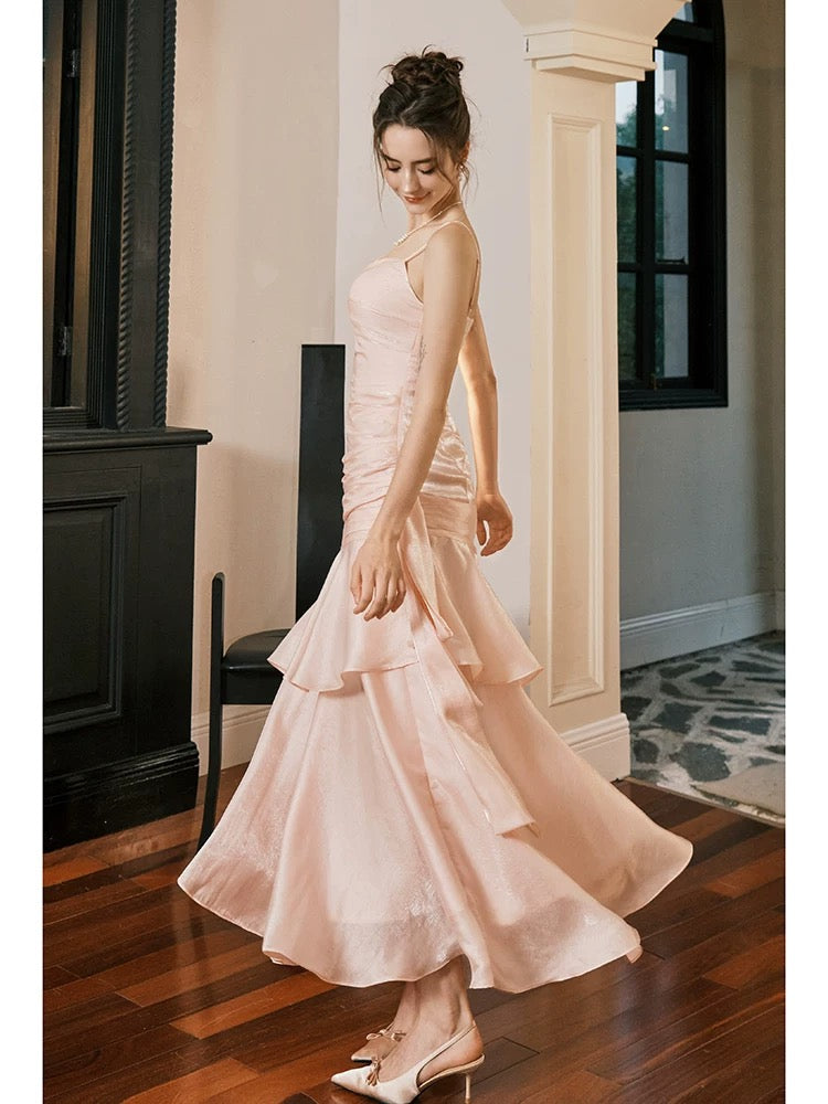 Retro Mermaid Spaghetti Straps Long Length Blush Pink Evening Dress Prom Dresses SD2854