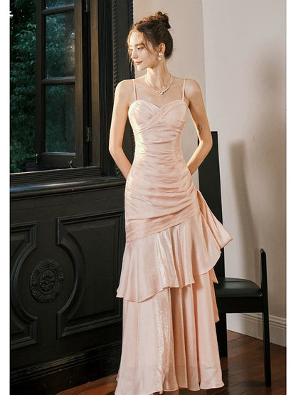 Retro Mermaid Spaghetti Straps Long Length Blush Pink Evening Dress Prom Dresses SD2854