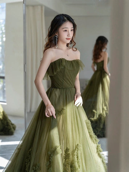 Sexy Ball Gown Strapless Neckline Green Ruffles Evening Dress Prom Dresses SD2855