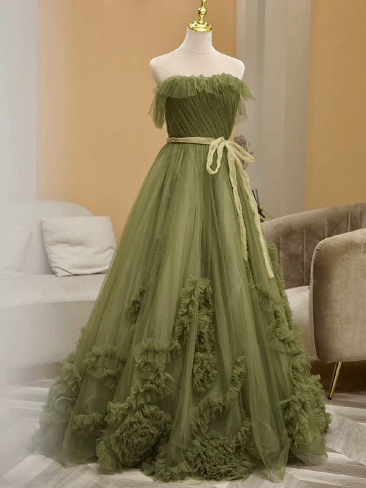 Sexy Ball Gown Strapless Neckline Green Ruffles Evening Dress Prom Dresses SD2855