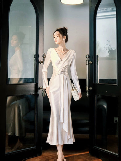 Modest Mermaid V Neckline Satin Ankle Length Evening Dress Prom Dresses SD2858