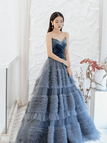 Sexy Ball Gown Sweetheart Neckline Gray Tulle Evening Dress Prom Dresses SD2859