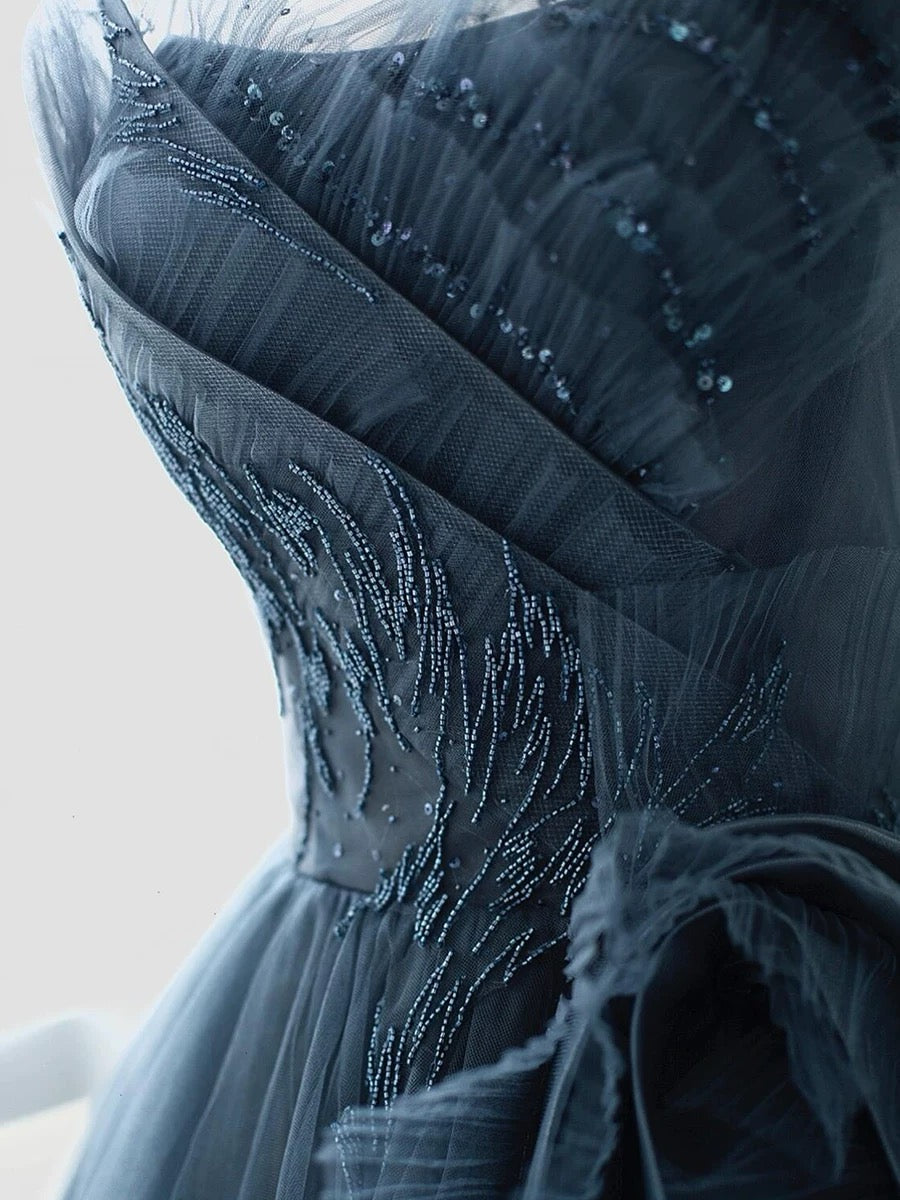 Sexy Ball Gown Spaghetti Straps Neckline Gray Tulle Evening Dress Prom Dresses SD2860