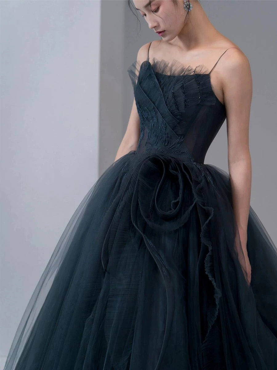 Sexy Ball Gown Spaghetti Straps Neckline Gray Tulle Evening Dress Prom Dresses SD2860