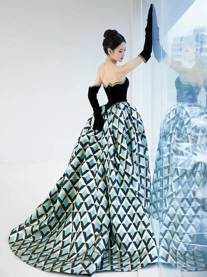 Classy Ball Gown Strapless Satin Black Evening Dress Long Prom Dresses H2862