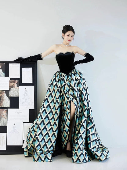 Classy Ball Gown Strapless Satin Black Evening Dress Long Prom Dresses H2862