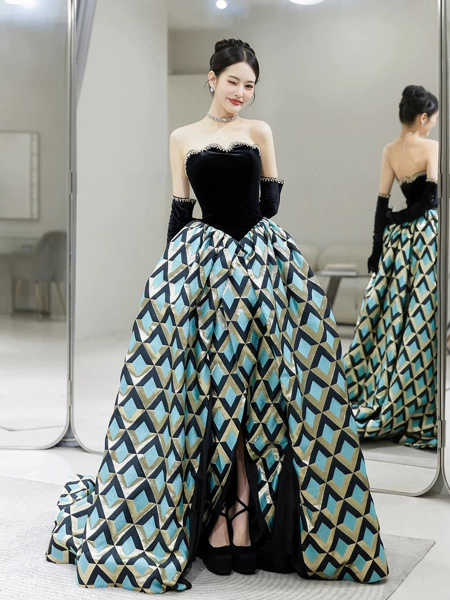 Classy Ball Gown Strapless Satin Black Evening Dress Long Prom Dresses H2862