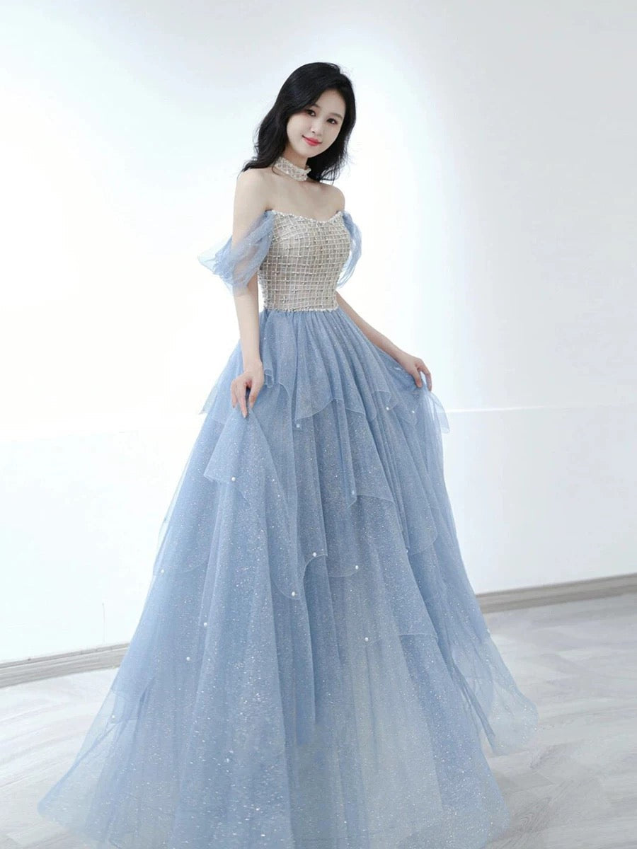Sexy Ball Gown Off The Shoulder Blue Elegant Tulle Long Prom Dresses H2862