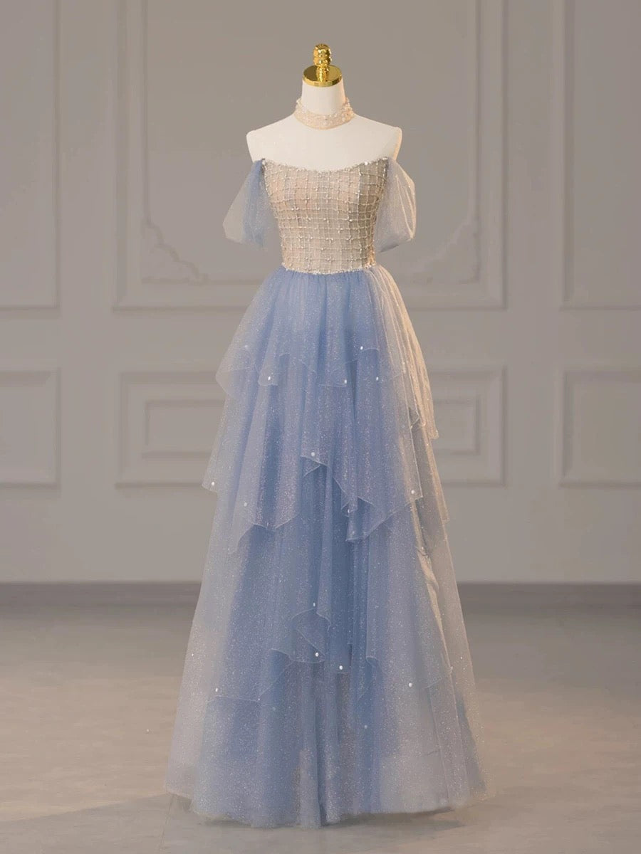 Sexy Ball Gown Off The Shoulder Blue Elegant Tulle Long Prom Dresses H2862