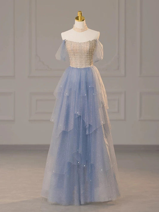 Sexy Ball Gown Off The Shoulder Blue Elegant Tulle Long Prom Dresses H2862