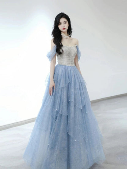Sexy Ball Gown Off The Shoulder Blue Elegant Tulle Long Prom Dresses H2862