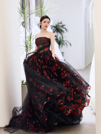 Classy Ball Gown Strapless Tulle Black Evening Dress Long Prom Dresses H2863