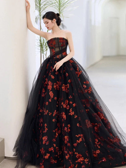Classy Ball Gown Strapless Tulle Black Evening Dress Long Prom Dresses H2863