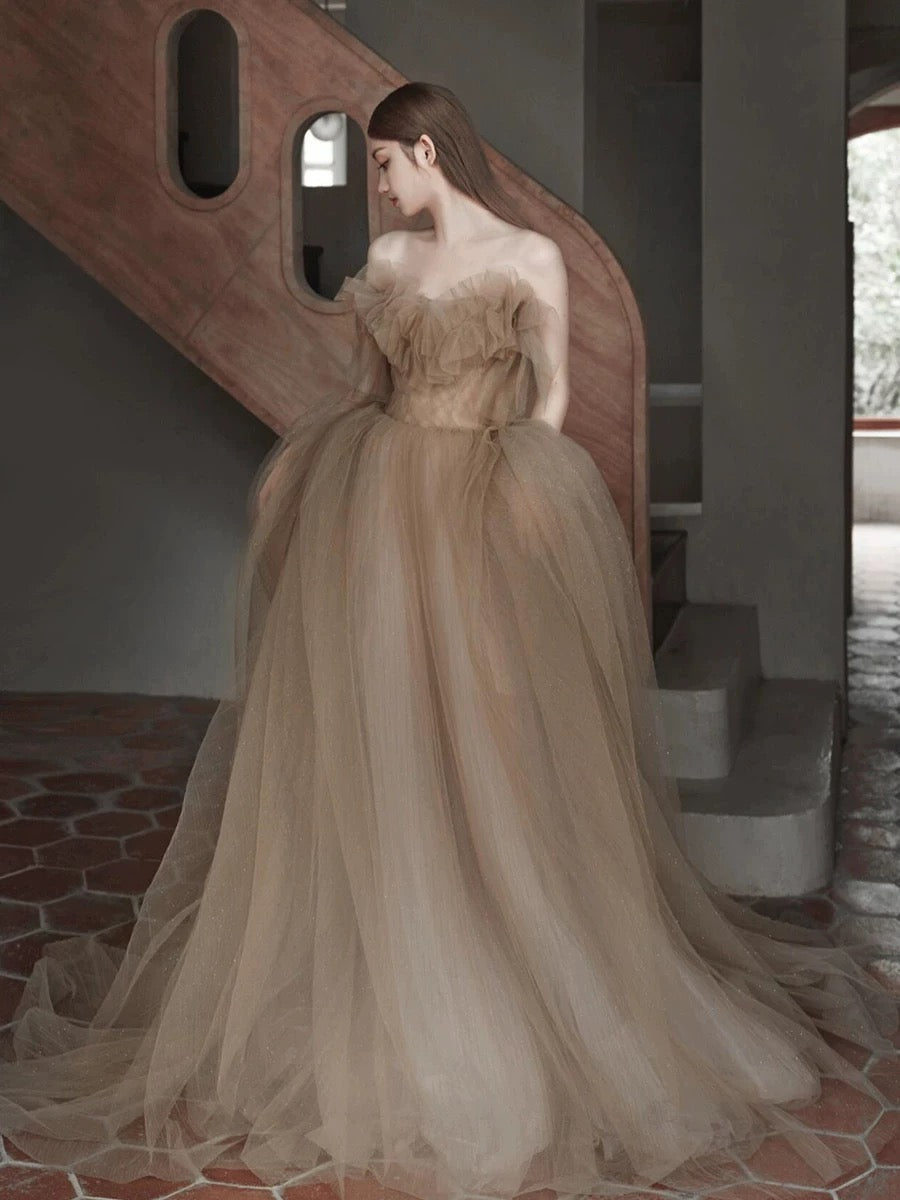 Classy Ball Gown Sweetheart Tulle Champagne Evening Dress Long Prom Dresses H2864