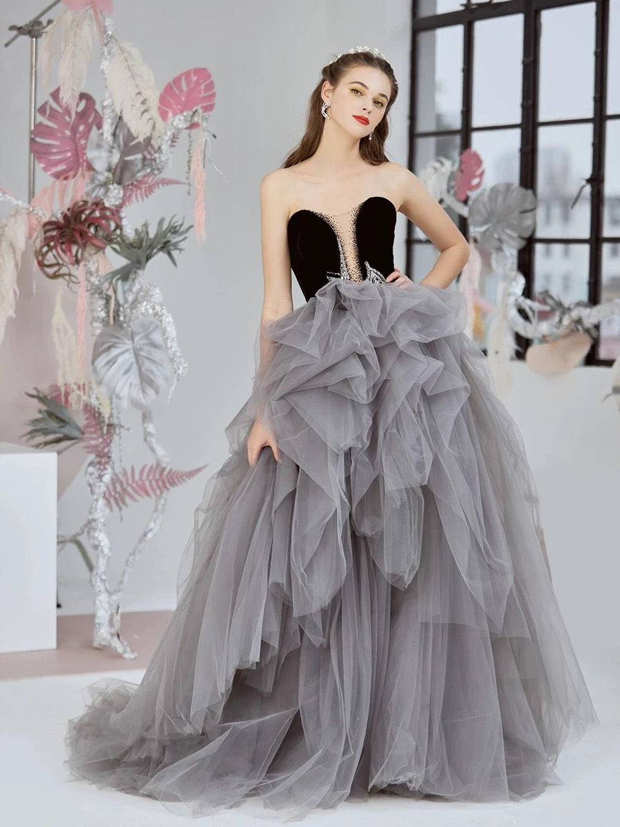 Classy Ball Gown Sweetheart Tulle Gray Evening Dress Long Prom Dresses H2865