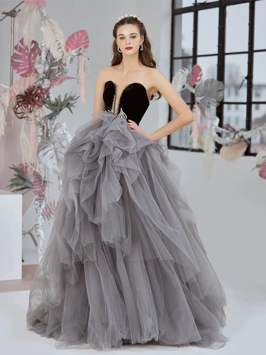Classy Ball Gown Sweetheart Tulle Gray Evening Dress Long Prom Dresses H2865