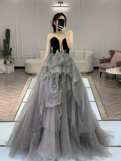 Classy Ball Gown Sweetheart Tulle Gray Evening Dress Long Prom Dresses H2865