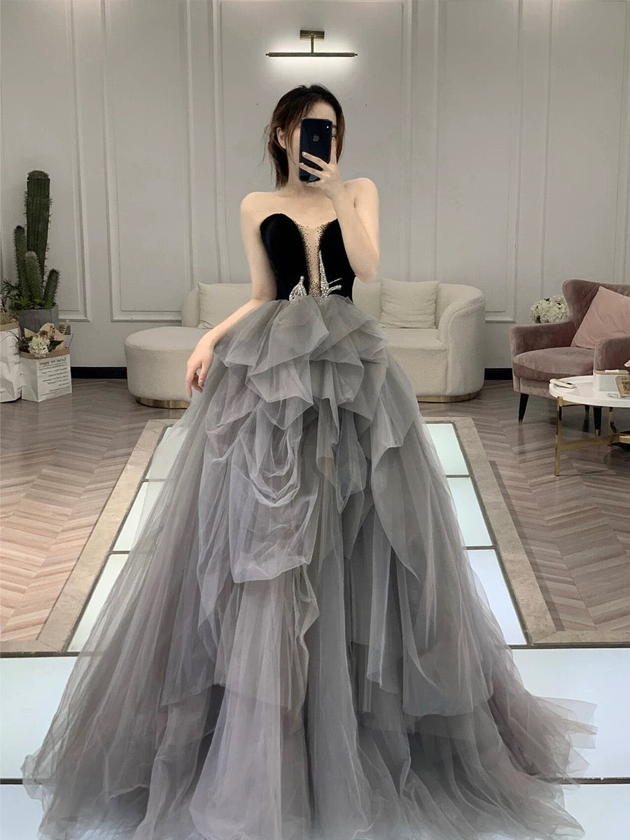 Classy Ball Gown Sweetheart Tulle Gray Evening Dress Long Prom Dresses H2865