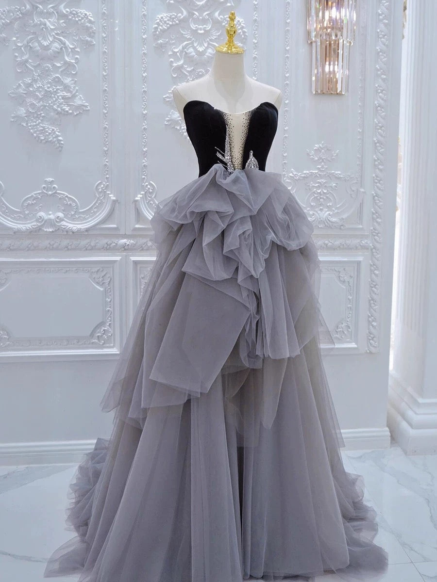 Classy Ball Gown Sweetheart Tulle Gray Evening Dress Long Prom Dresses H2865