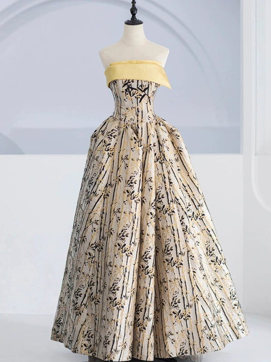 Classy Ball Gown Strapless Satin Floral Evening Dress Long Prom Dresses H2866