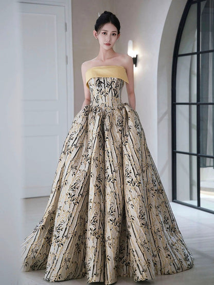 Classy Ball Gown Strapless Satin Floral Evening Dress Long Prom Dresses H2866