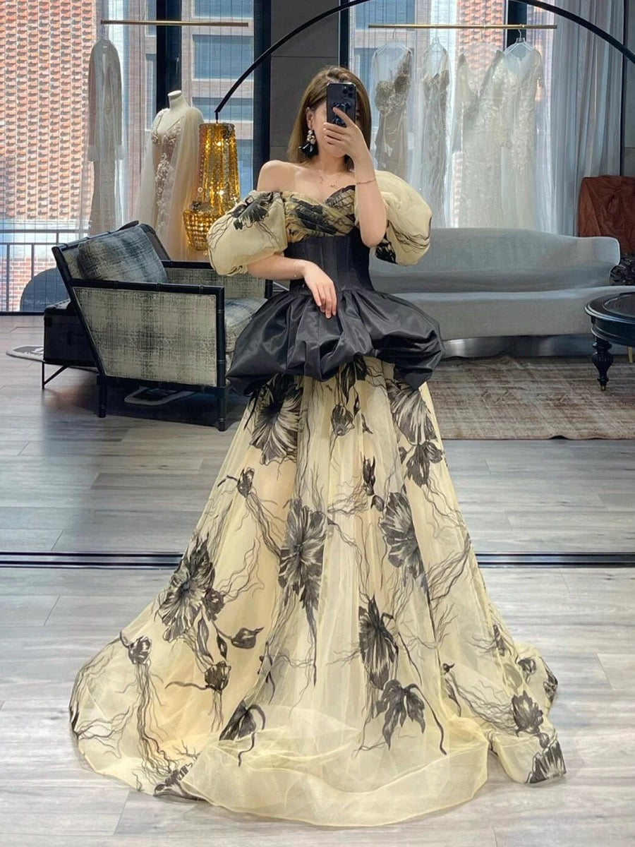 Sexy Ball Gown Off The Shoulder Champagne Elegant Tulle Long Prom Dresses H2867