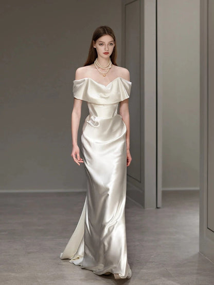 Elegant Mermaid Off The Shoulder Satin Short Sleeves Wedding Dresses Brides Dress H2868
