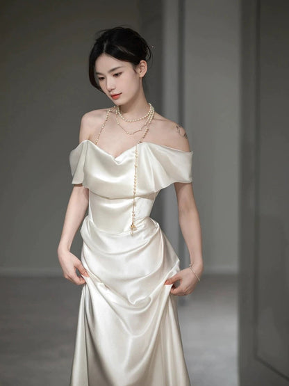 Elegant Mermaid Off The Shoulder Satin Short Sleeves Wedding Dresses Brides Dress H2868