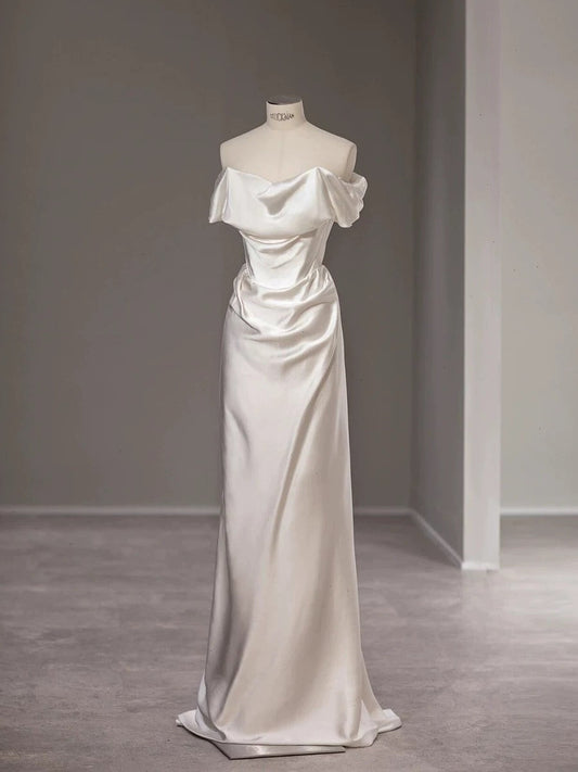 Elegant Mermaid Off The Shoulder Satin Short Sleeves Wedding Dresses Brides Dress H2868