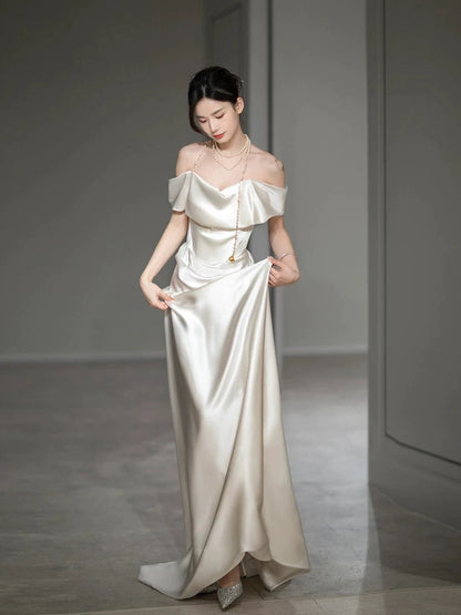 Elegant Mermaid Off The Shoulder Satin Short Sleeves Wedding Dresses Brides Dress H2868
