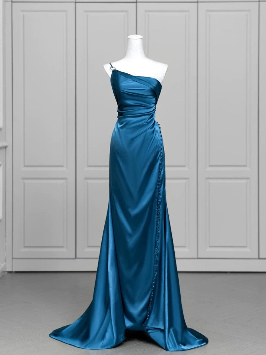 Classy Mermaid One Shoulder Blue Satin Evening Dress Long Prom Dresses H2869