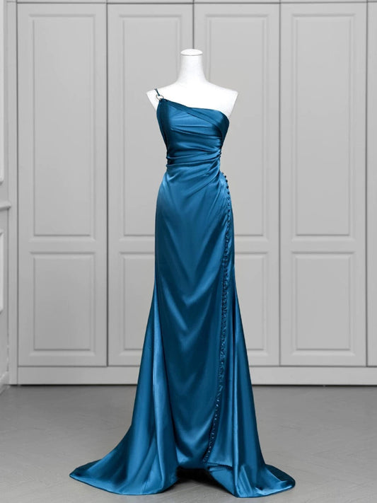 Classy Mermaid One Shoulder Blue Satin Evening Dress Long Prom Dresses H2869