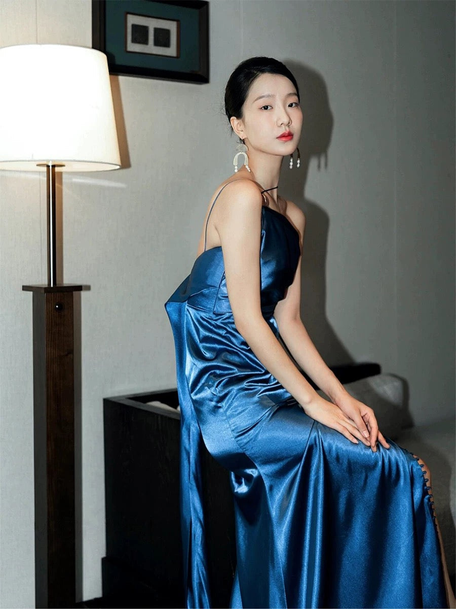 Classy Mermaid One Shoulder Blue Satin Evening Dress Long Prom Dresses H2869