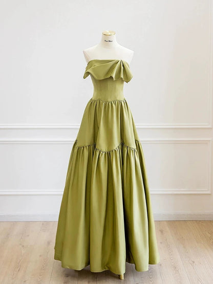 Classy Ball Gown Strapless Satin Olive Green Evening Dress Long Prom Dresses H2870
