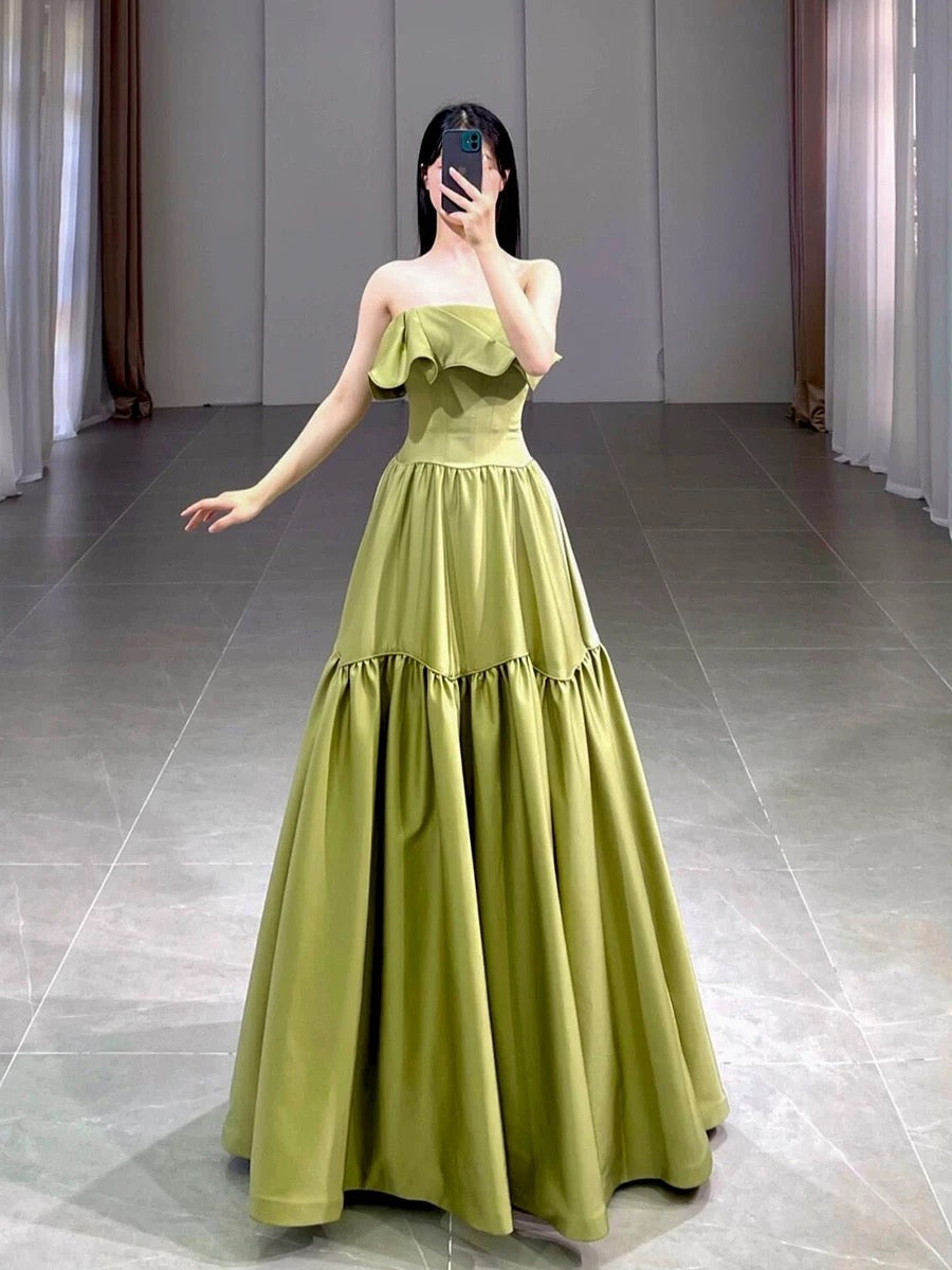 Classy Ball Gown Strapless Satin Olive Green Evening Dress Long Prom Dresses H2870
