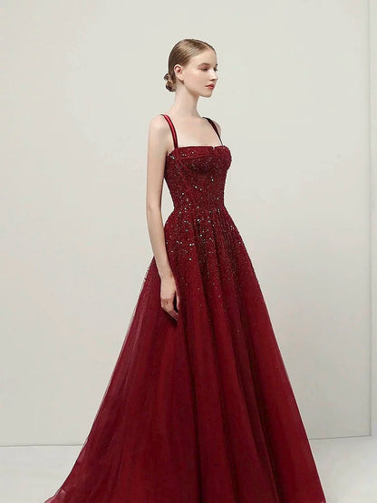Classy Ball Gown Straps Burgundy Sequin Evening Dress Long Prom Dresses H2872