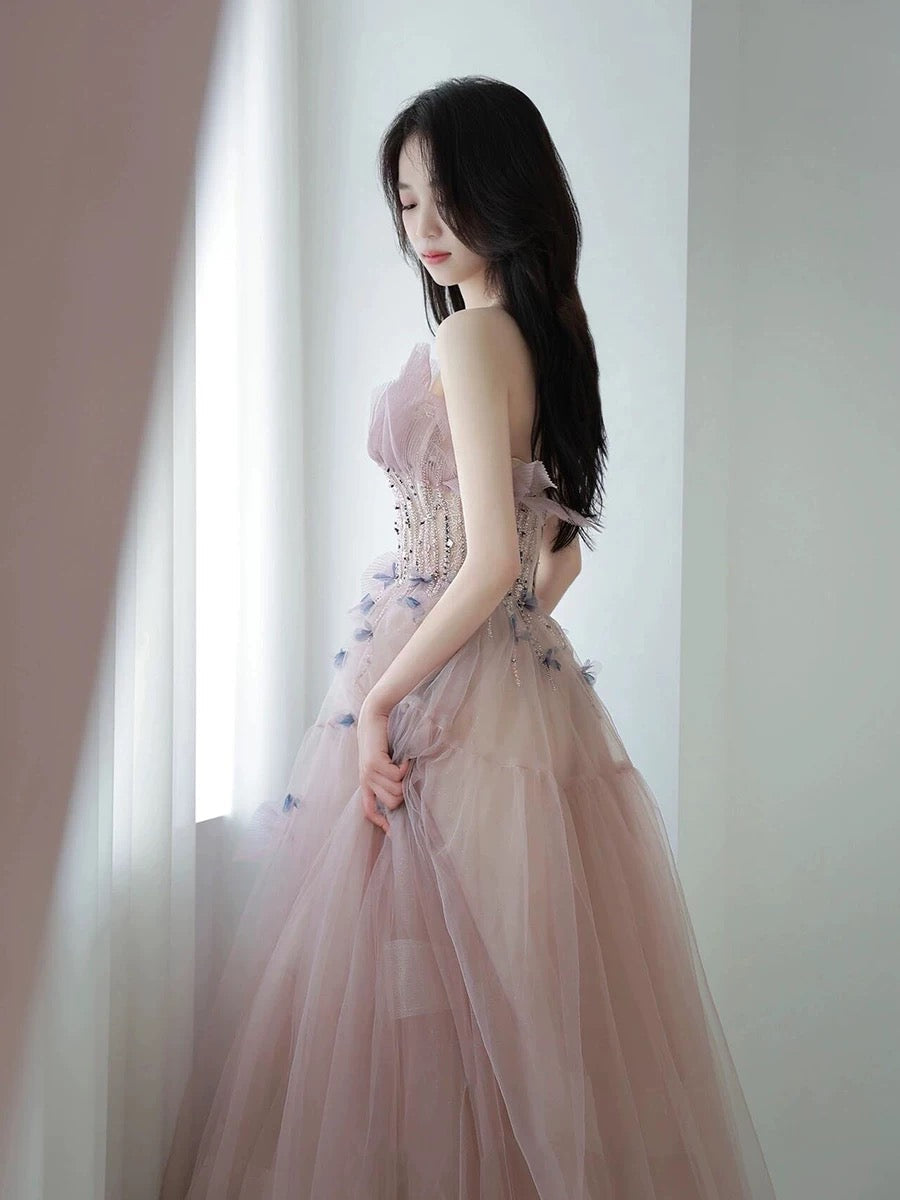 Classy Ball Gown Sweetheart Pink Tulle Evening Dress Long Prom Dresses H2874