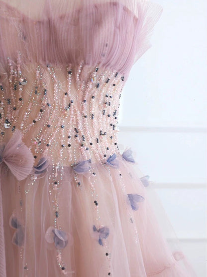 Classy Ball Gown Sweetheart Pink Tulle Evening Dress Long Prom Dresses H2874