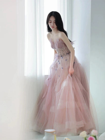 Classy Ball Gown Sweetheart Pink Tulle Evening Dress Long Prom Dresses H2874