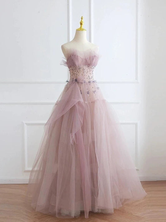 Classy Ball Gown Sweetheart Pink Tulle Evening Dress Long Prom Dresses H2874
