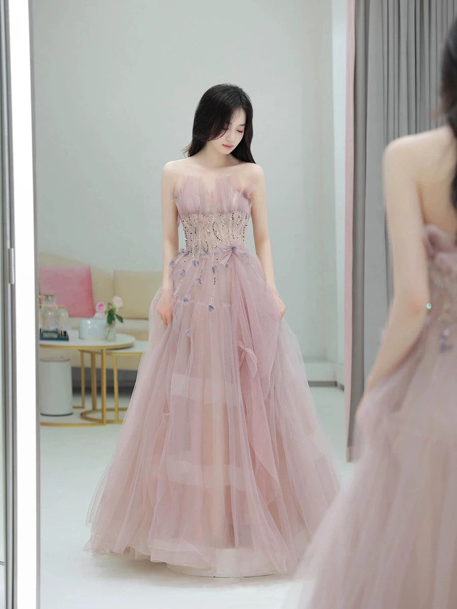 Classy Ball Gown Sweetheart Pink Tulle Evening Dress Long Prom Dresses H2874