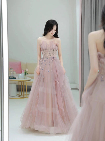 Classy Ball Gown Sweetheart Pink Tulle Evening Dress Long Prom Dresses H2874