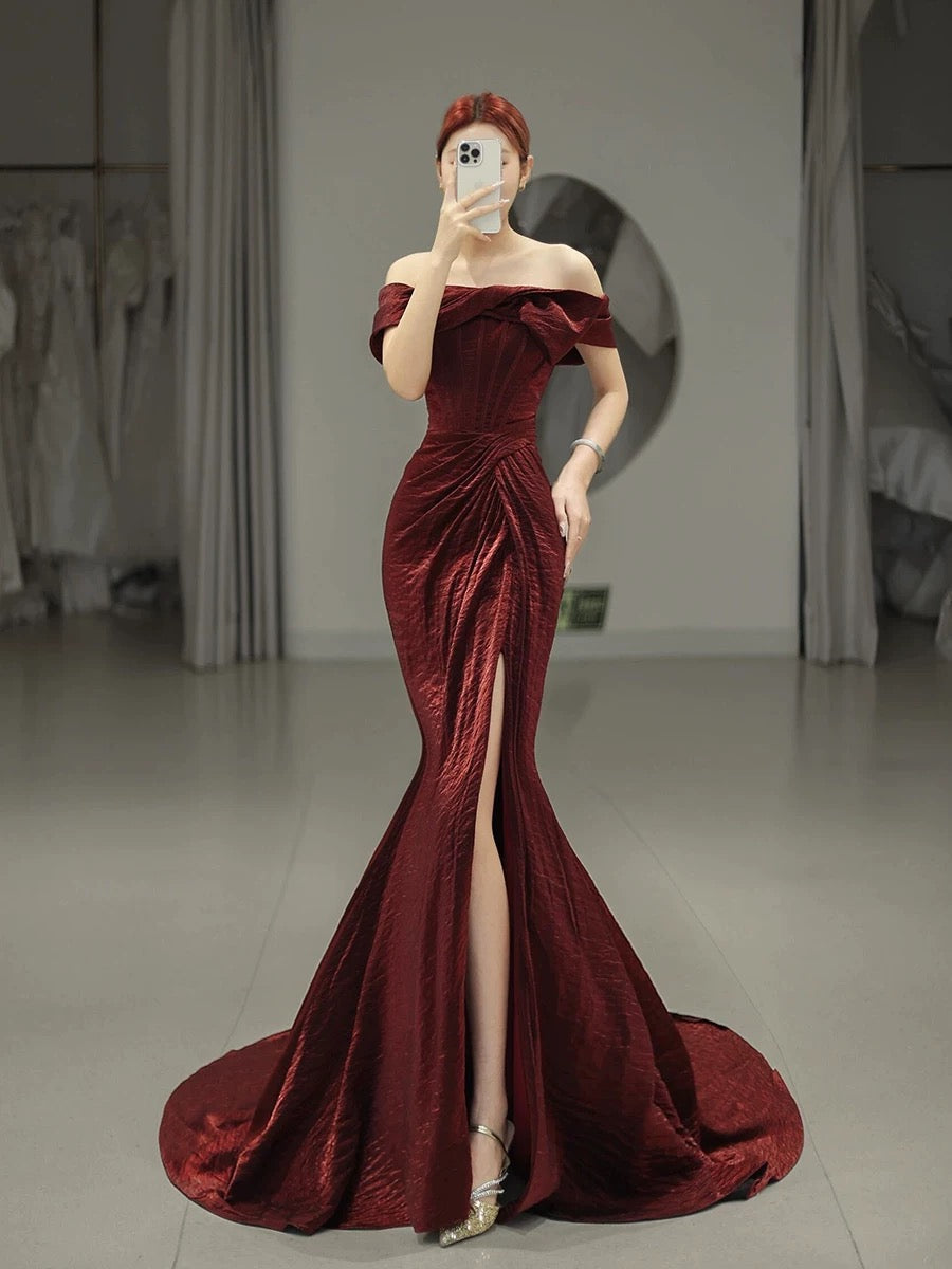 Classy Mermaid Off The Shoulder Burgundy Satin Slit Evening Dress Long Prom Dresses H2875