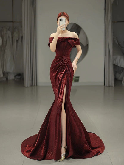 Classy Mermaid Off The Shoulder Burgundy Satin Slit Evening Dress Long Prom Dresses H2875